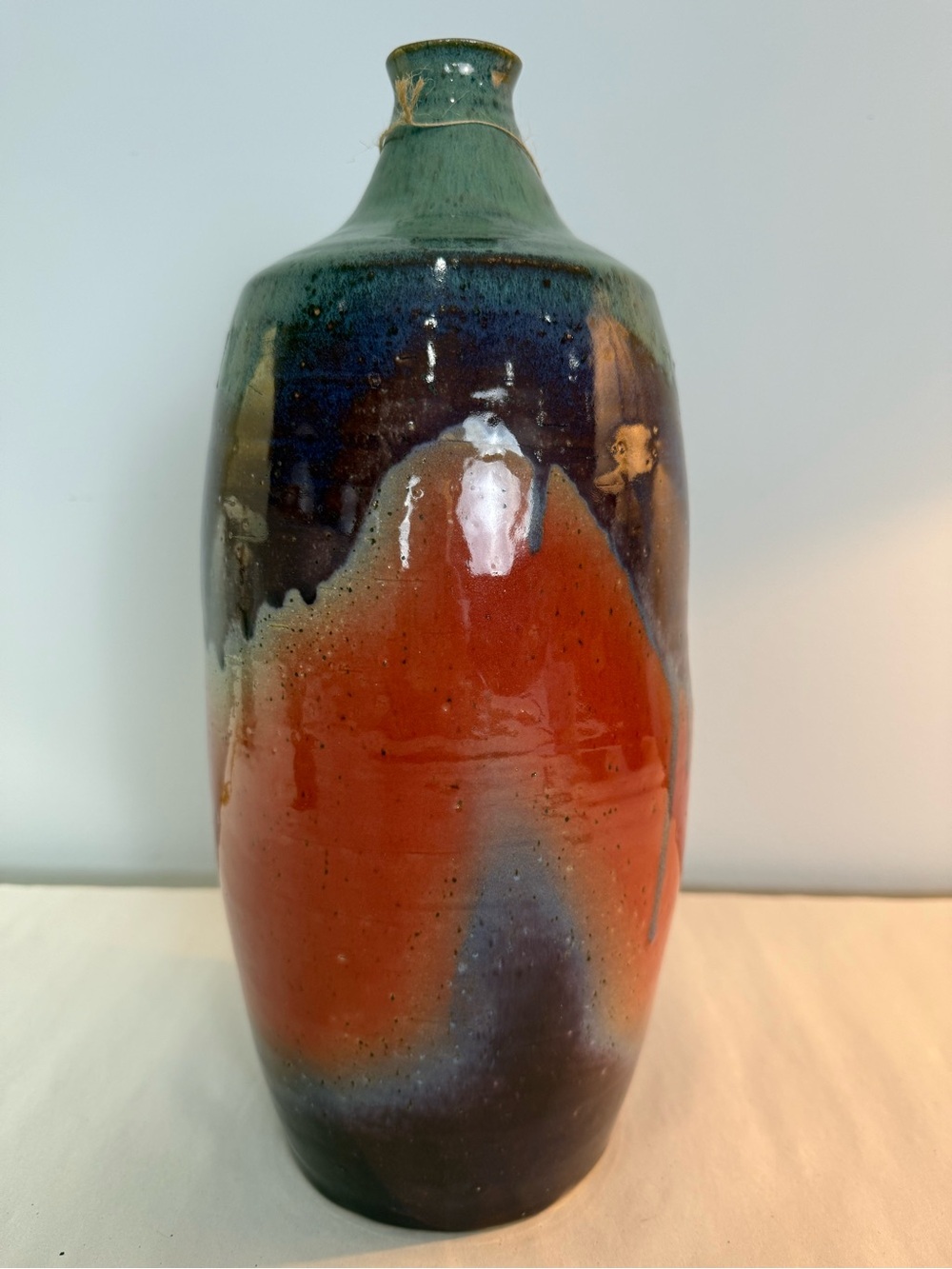 Hand Thrown NC Studio Pottery Vessel in Red and Turquoise Signed
